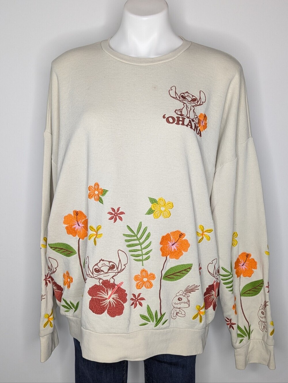 Boxlunch X Disney Cream Orange Embroidered Lilo & Stitch Floral Sweatshirt L